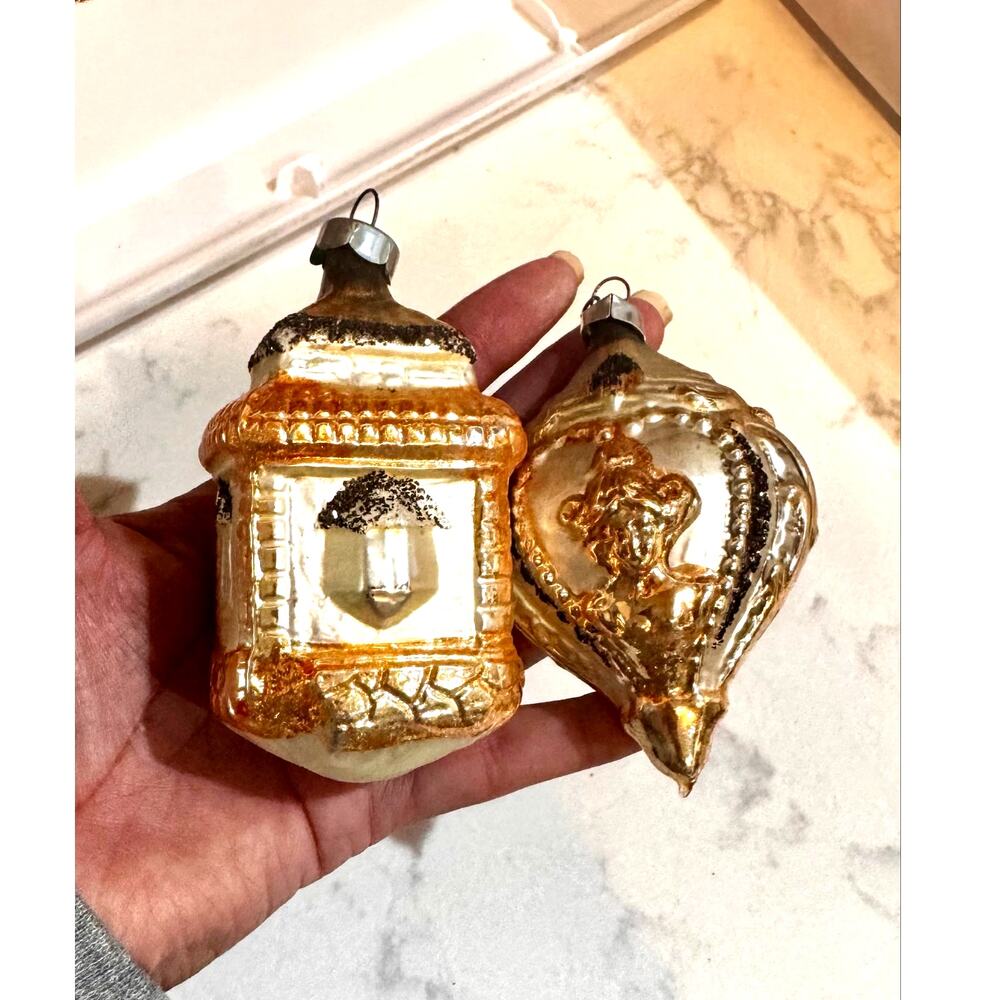 vintage mid-20th-century mercury glass Christmas ornaments from Germany x2 gold